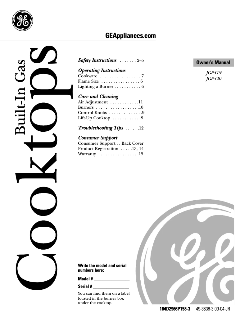 Page 1 de la notice Manuel d'utilisation et d'entretien GE JGP320EVWH