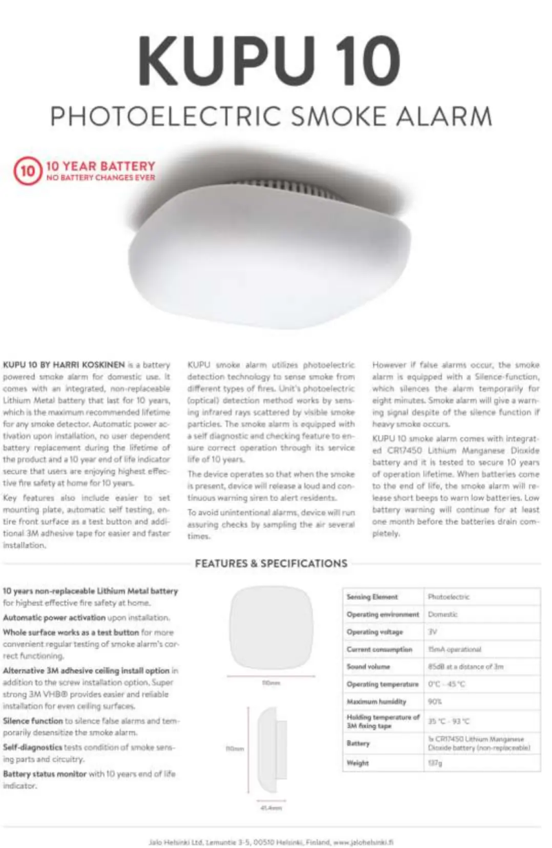 Page 1 de la notice Manuel utilisateur Jalo Helsinki KUPU 10