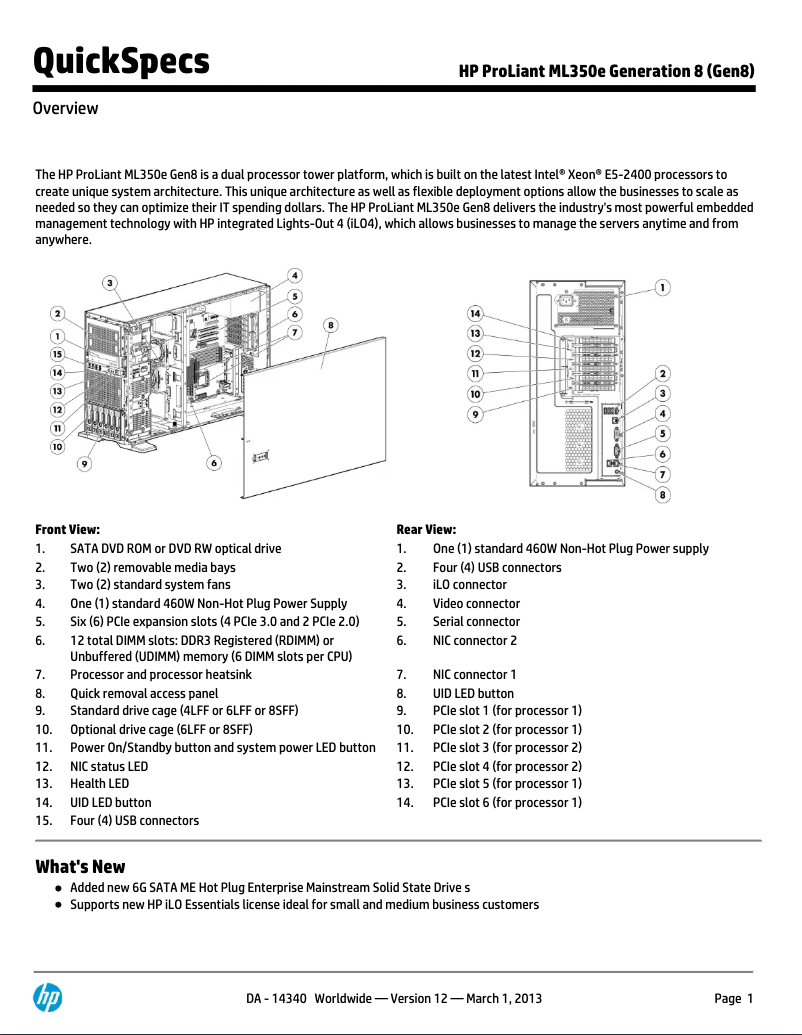 Page 1 de la notice Manuel utilisateur HP ProLiant ML350e