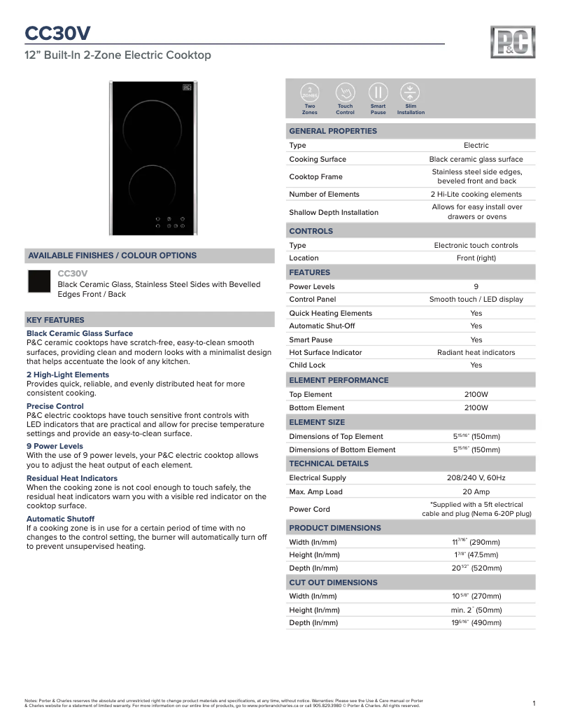 Page 1 de la notice Fiche technique Porter & Charles CC30V