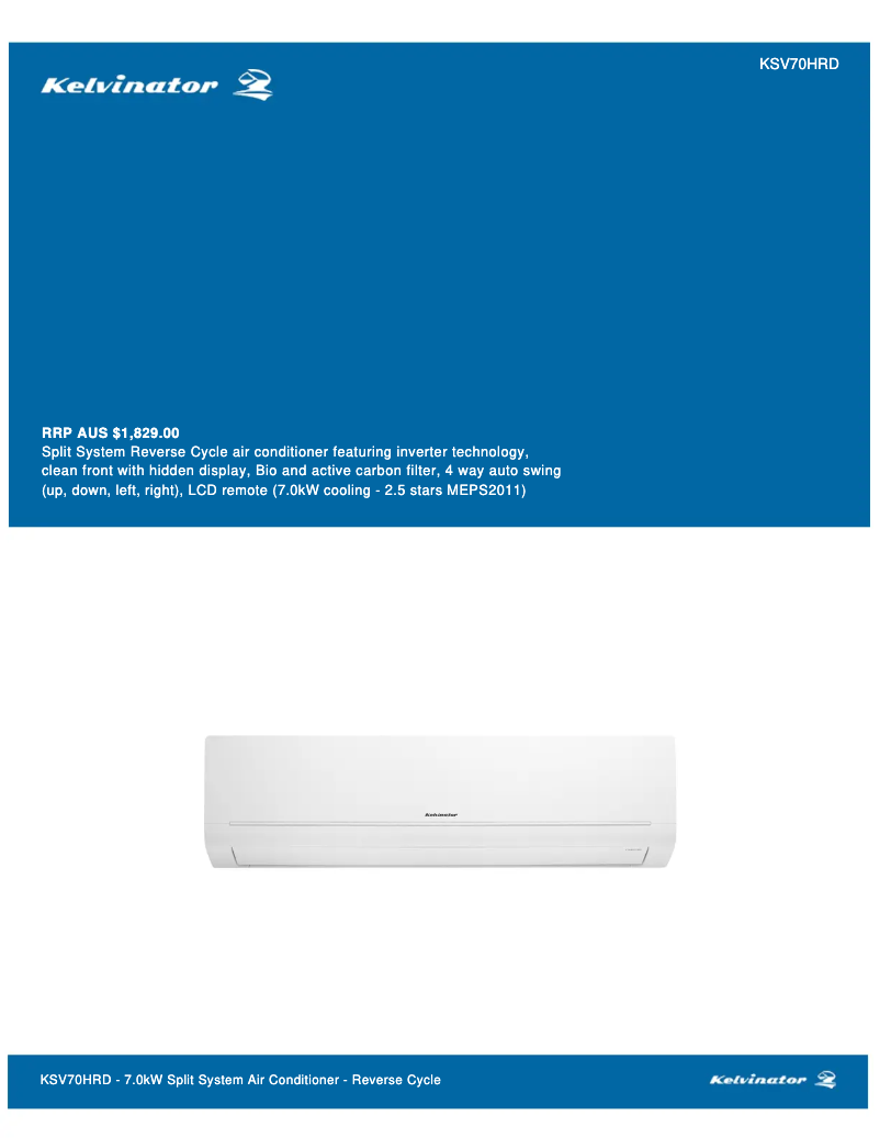 Page 1 de la notice Fiche technique Kelvinator KSV70HRD