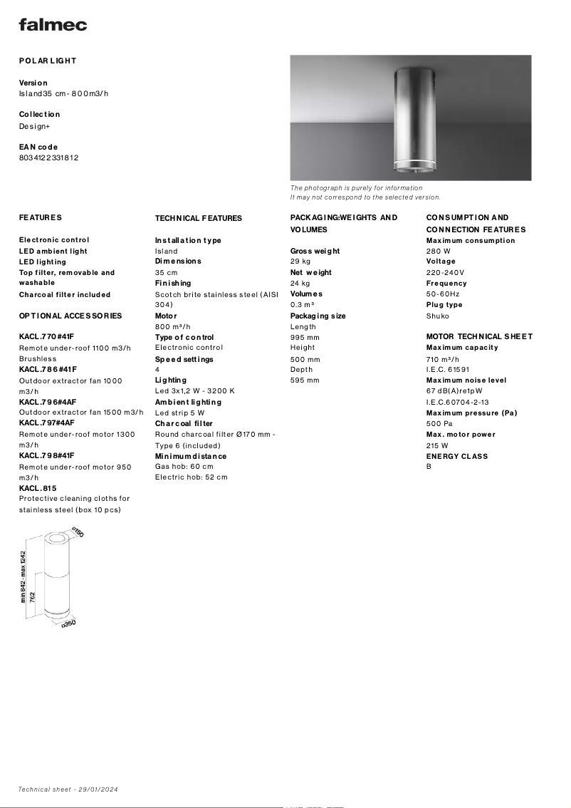 Page n°1 - Fiche technique Falmec Polar Light