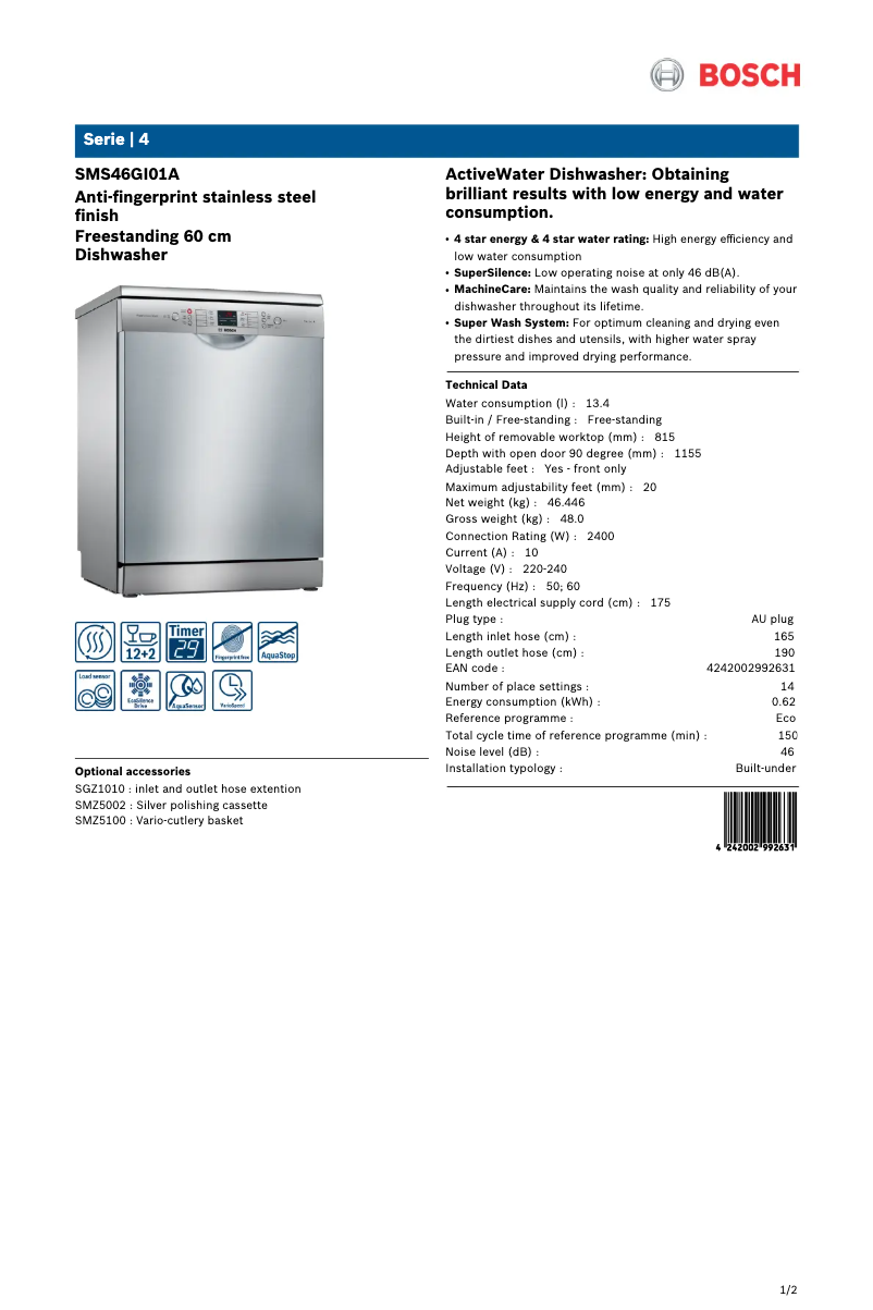 Página 1 del manual Ficha técnica Bosch SMS46GI01A