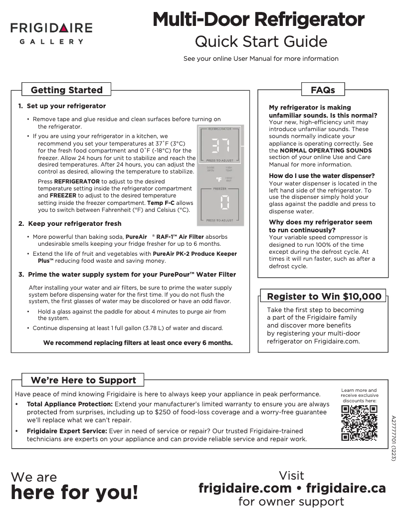 Page 1 de la notice Guide de démarrage rapide Frigidaire GRFN2023AF