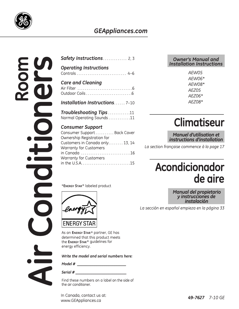 Page 1 de la notice Manuel d'utilisation et d'entretien GE AEZ05LN