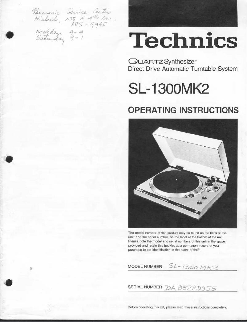 Page 1 de la notice Manuel utilisateur Technics SL-1300MK2