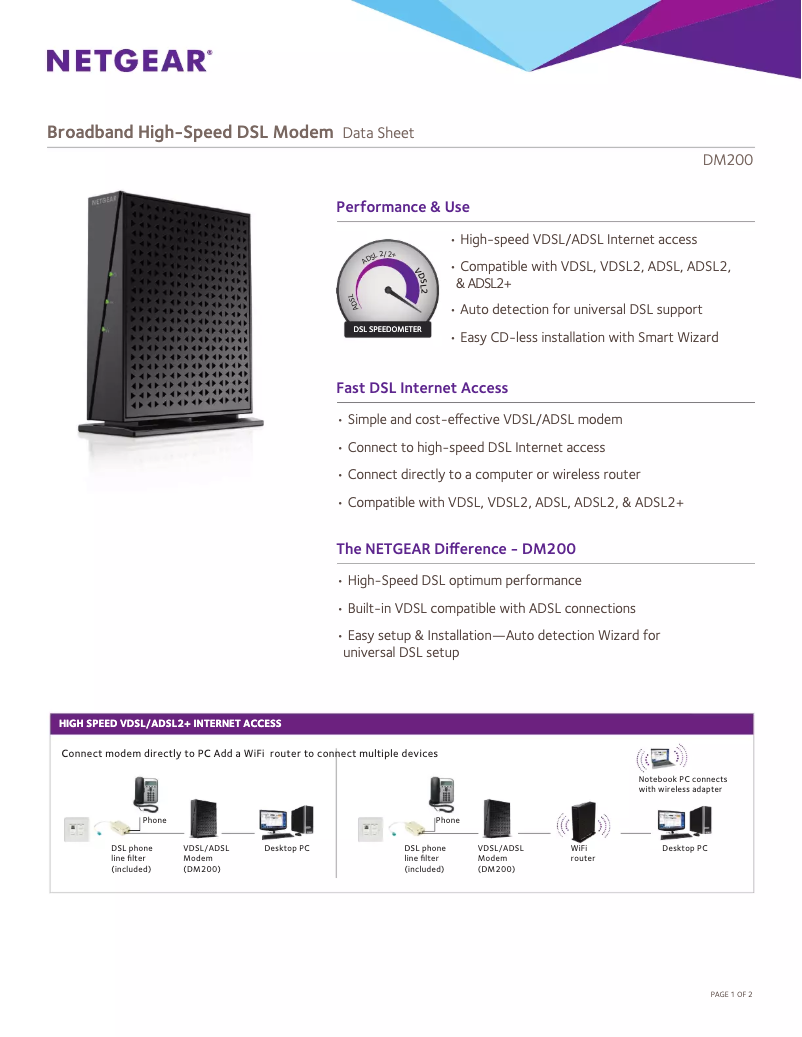 Page 1 de la notice Fiche technique Netgear DM200