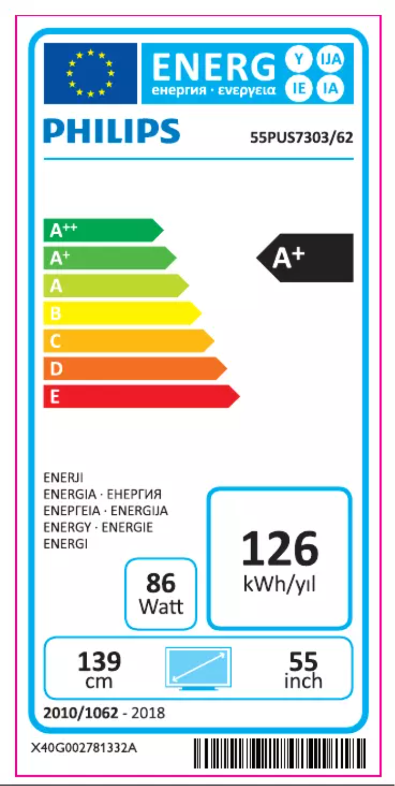 Page 1 de la notice Label énergétique Philips 55PUS7303