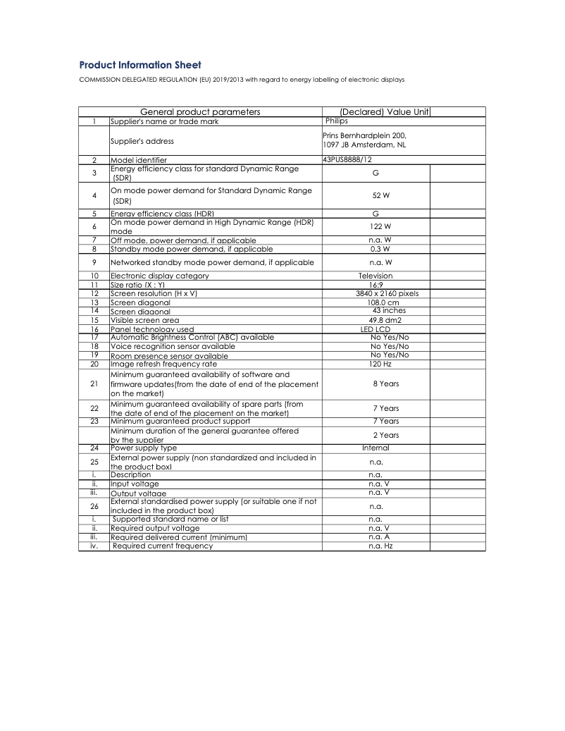 Page n°1 - Fiche technique Philips The One 43PUS8888