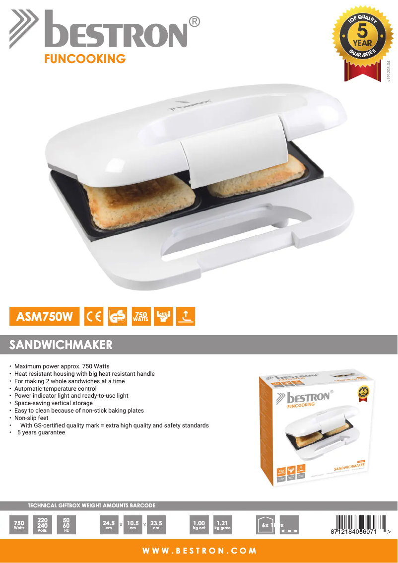Page n°1 - Fiche technique Bestron ASM750W