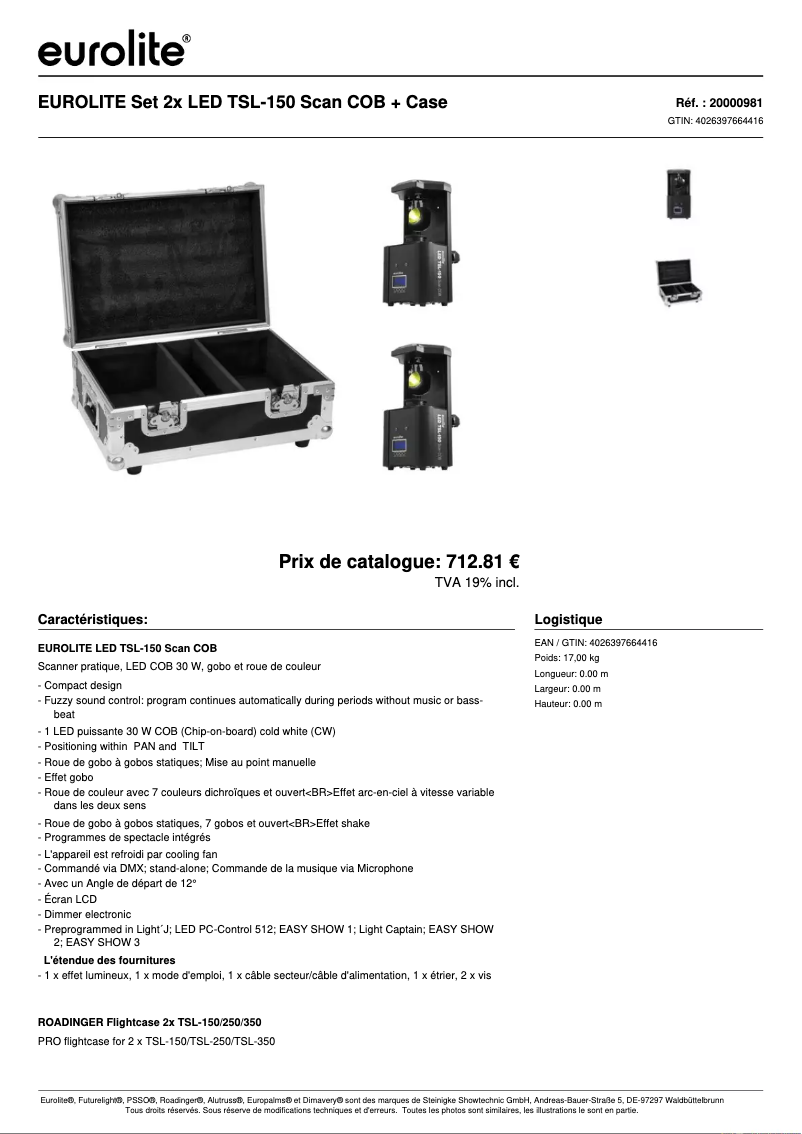Page 1 de la notice Fiche technique Eurolite TSL-150