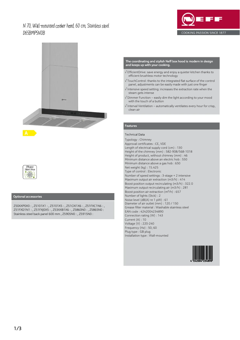 Page 1 de la notice Fiche technique Neff D65BMP5N0B
