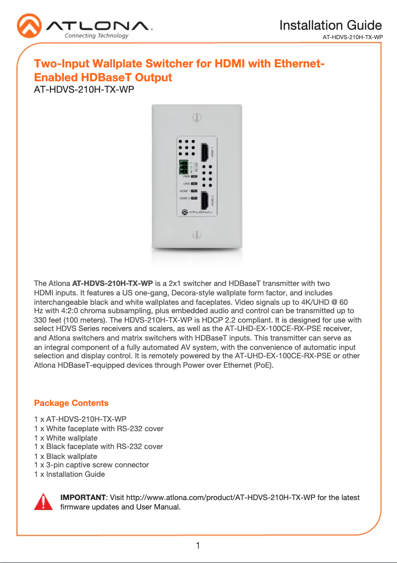 Page 1 de la notice Guide d'installation Atlona AT-HDVS-210H-TX-WP