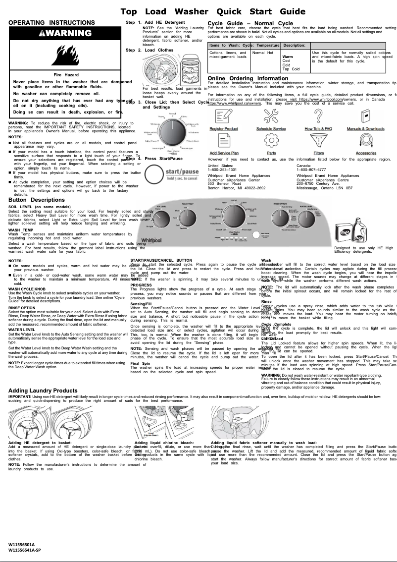 Page 1 de la notice Guide de démarrage rapide Whirlpool WTW4850HW