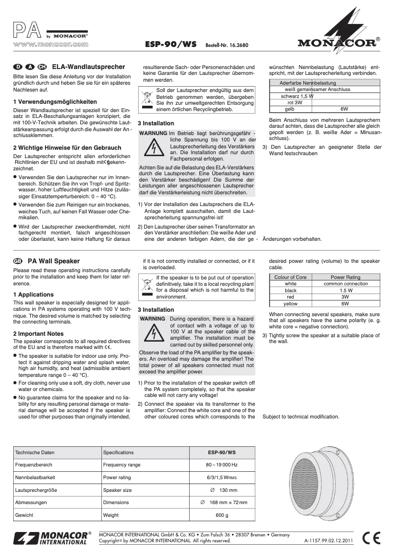 Page n°1 - Manuel utilisateur Monacor ESP-90/WS