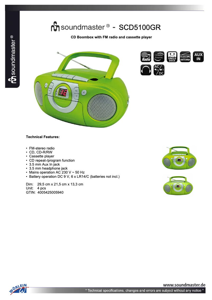 Page n°1 - Fiche technique Soundmaster SCD5100GR