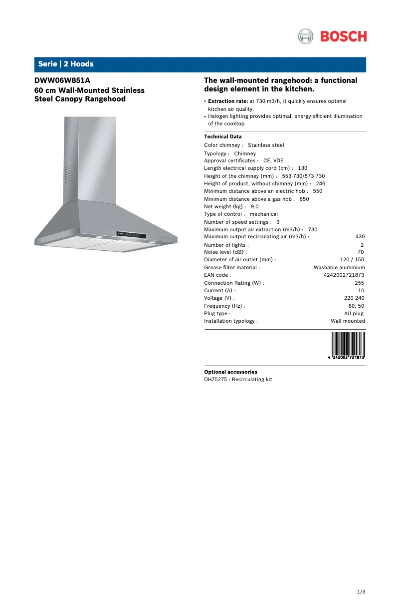 Page 1 de la notice Fiche technique Bosch DWW06W851A