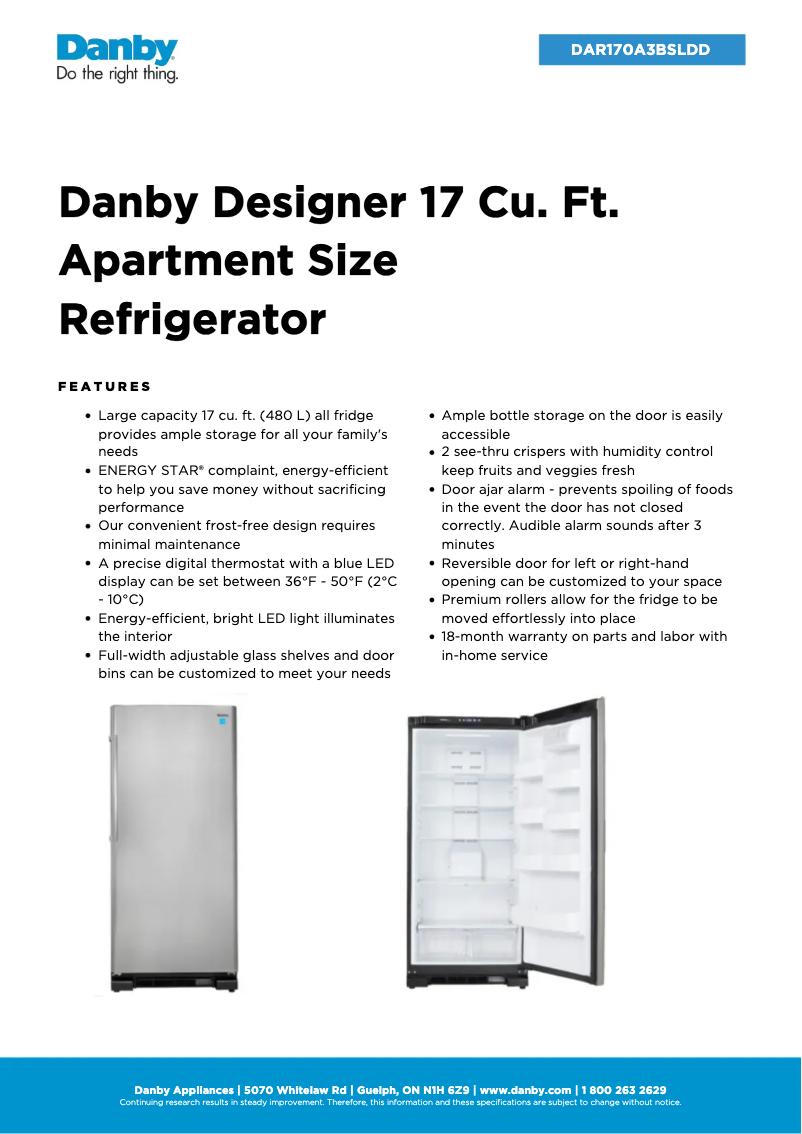 Page 1 de la notice Fiche technique Danby DAR170A3BSLDD