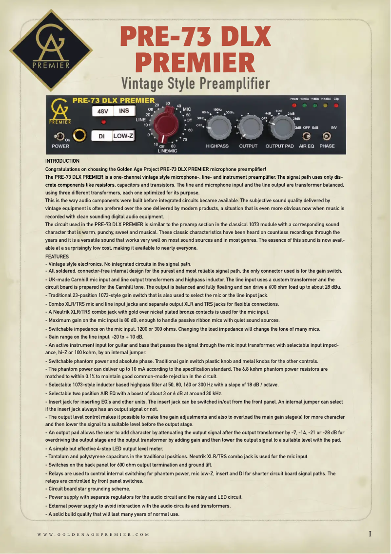 Page n°1 - Manuel utilisateur Golden Age Project PRE-73 DLX PREMIER