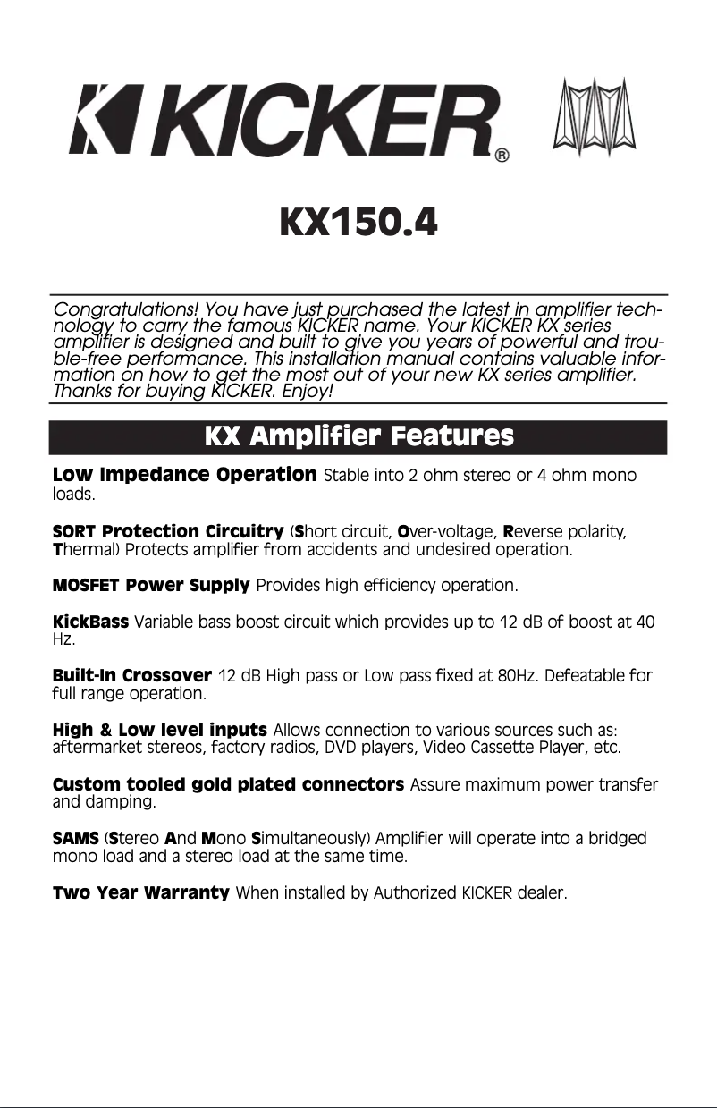 Page 1 de la notice Manuel utilisateur Kicker KX150.4