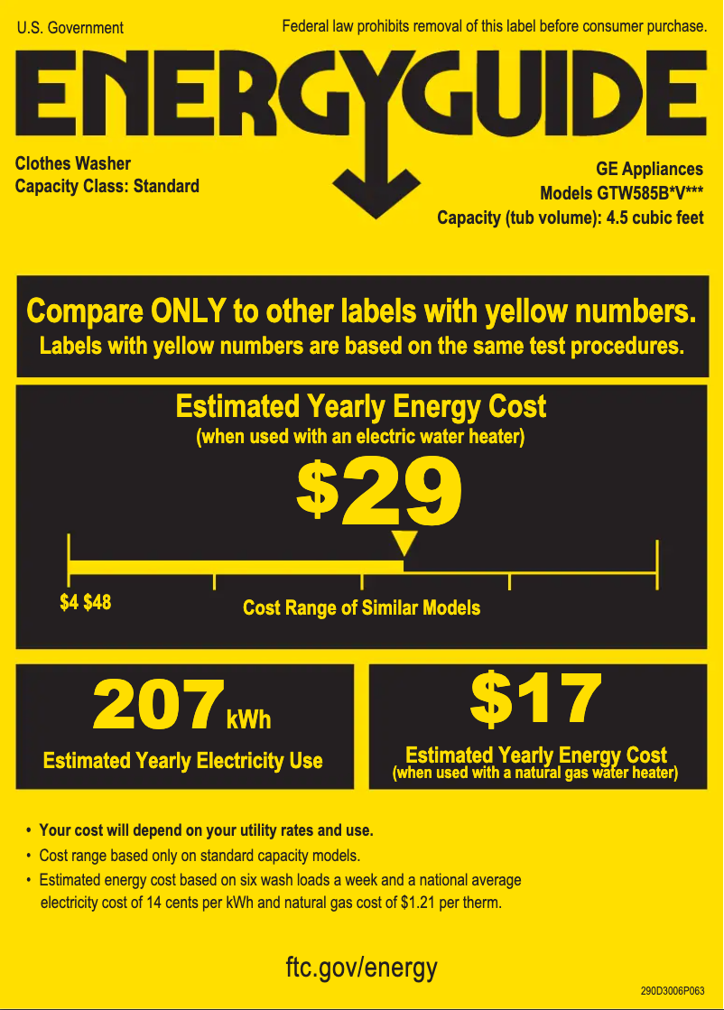 Page 1 de la notice Label énergétique GE GTW585BSVWS