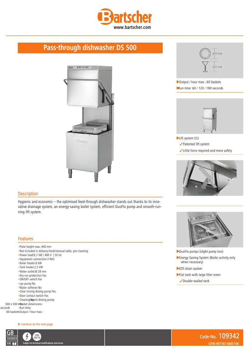 Page 1 de la notice Fiche technique Bartscher DS 903