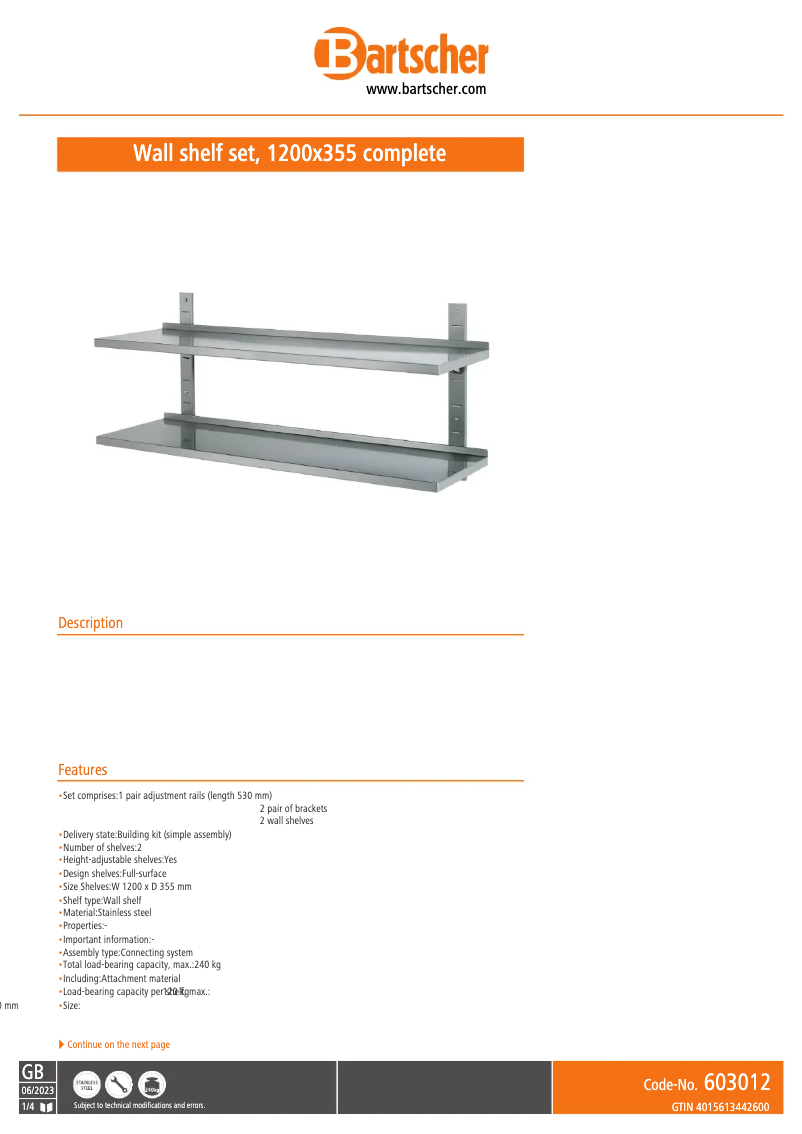 Page 1 de la notice Fiche technique Bartscher 603012