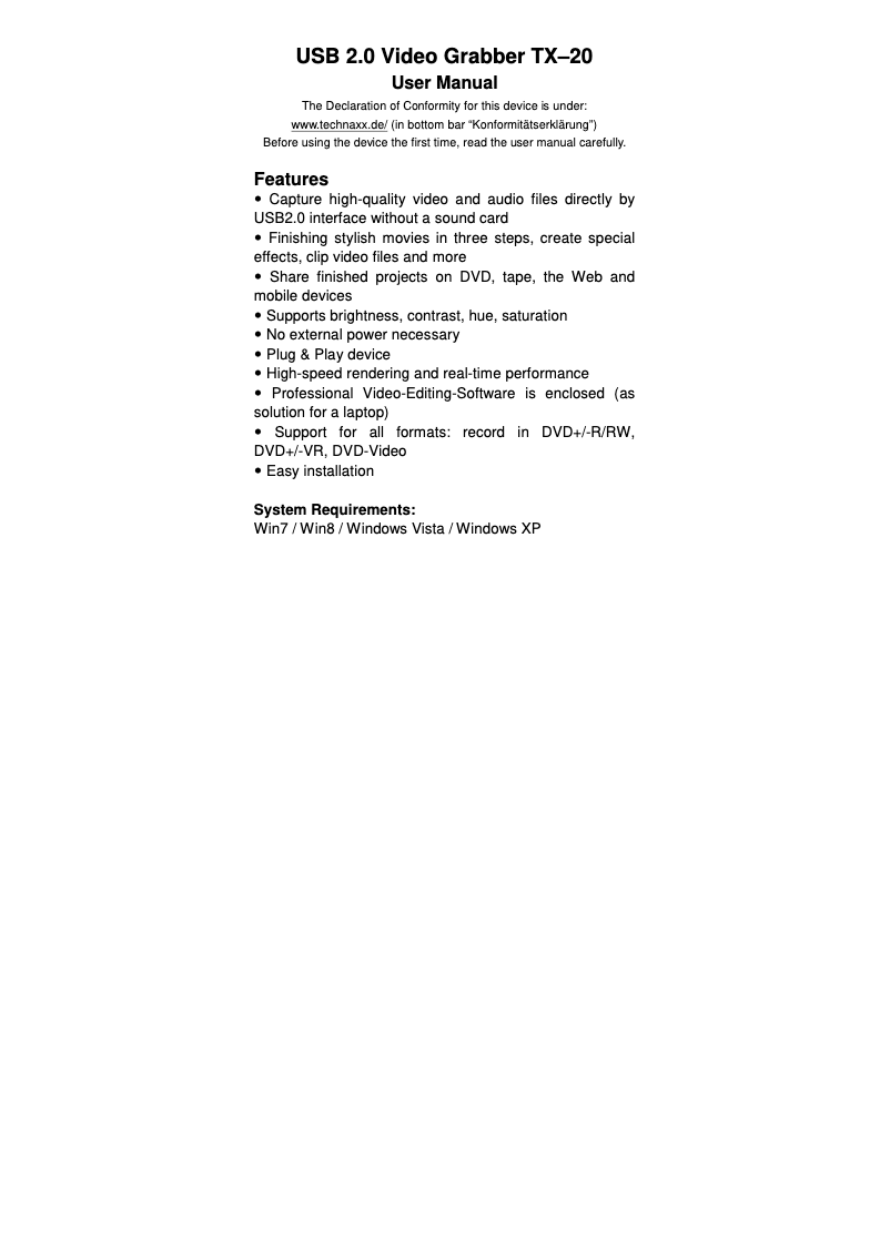 Page n°1 - Manuel utilisateur Technaxx TX–20