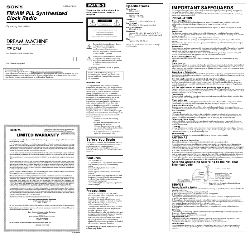 Image de la première page du manuel de l'appareil ICF-C743