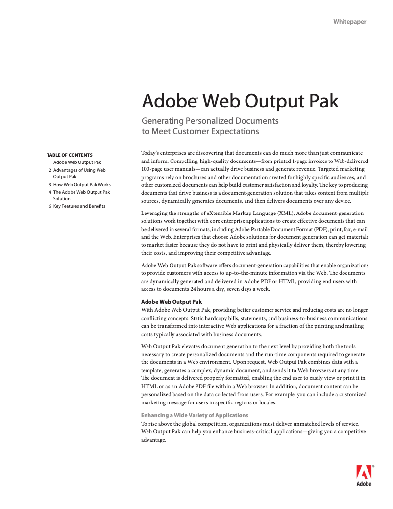 Page 1 de la notice Manuel utilisateur Adobe Web Output Pak 2.0.7