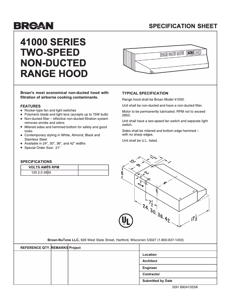 Page 1 de la notice Fiche technique Broan 413604