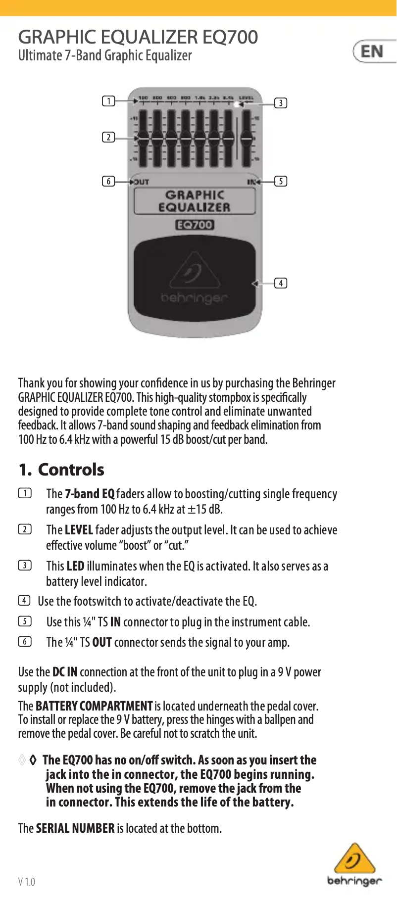 Page n°1 - Manuel utilisateur Behringer EQ700