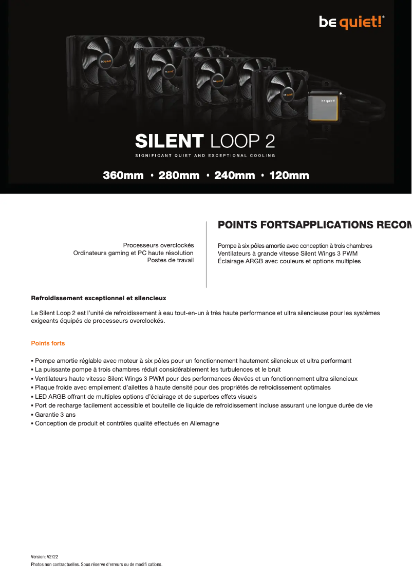 Page 1 de la notice Fiche technique Be Quiet! SILENT LOOP 2