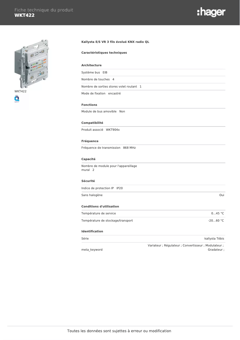 Page 1 de la notice Fiche technique Hager WKT422