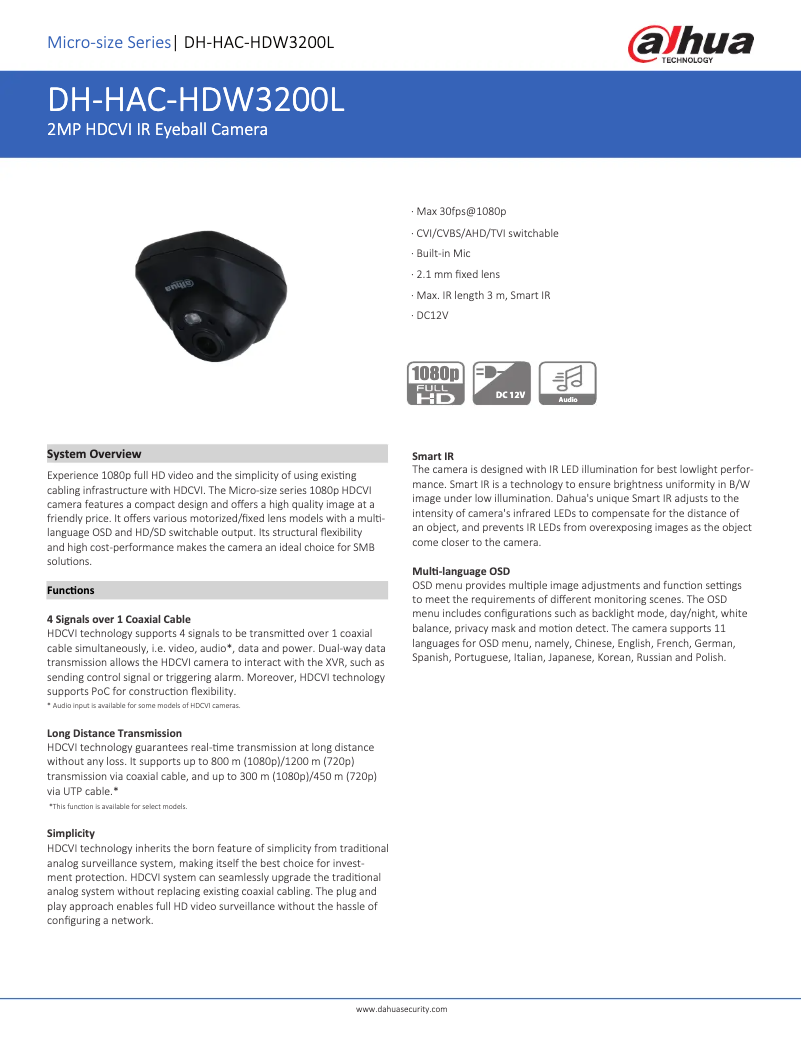 Page n°1 - Fiche technique Dahua Technology HAC-HDW3200L