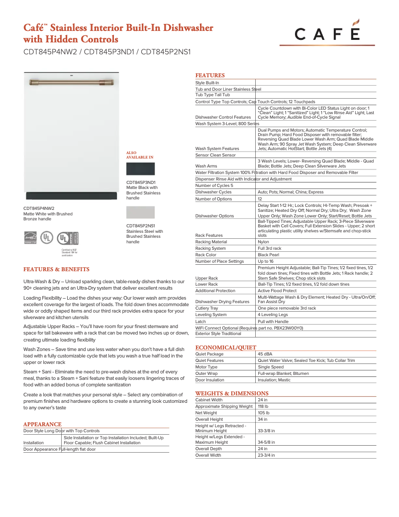 Page 1 de la notice Fiche technique GE CDT845P2NS1