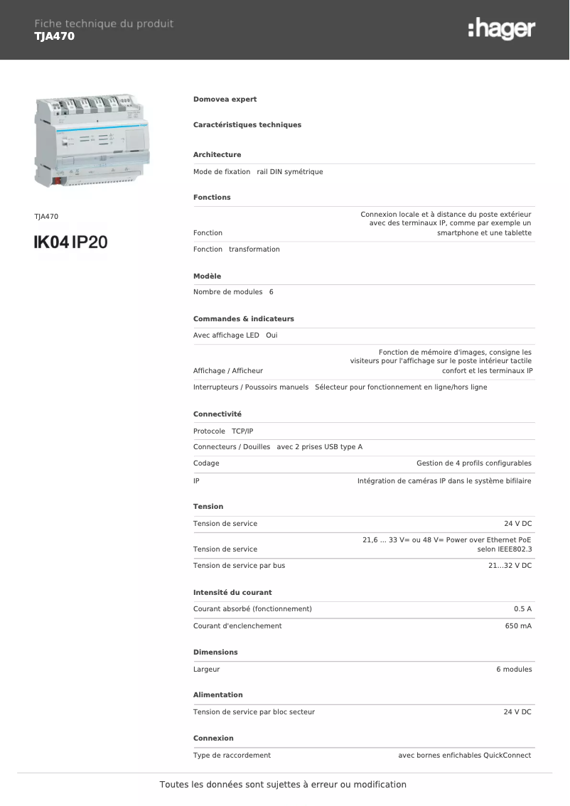 Page n°1 - Fiche technique Hager TJA470