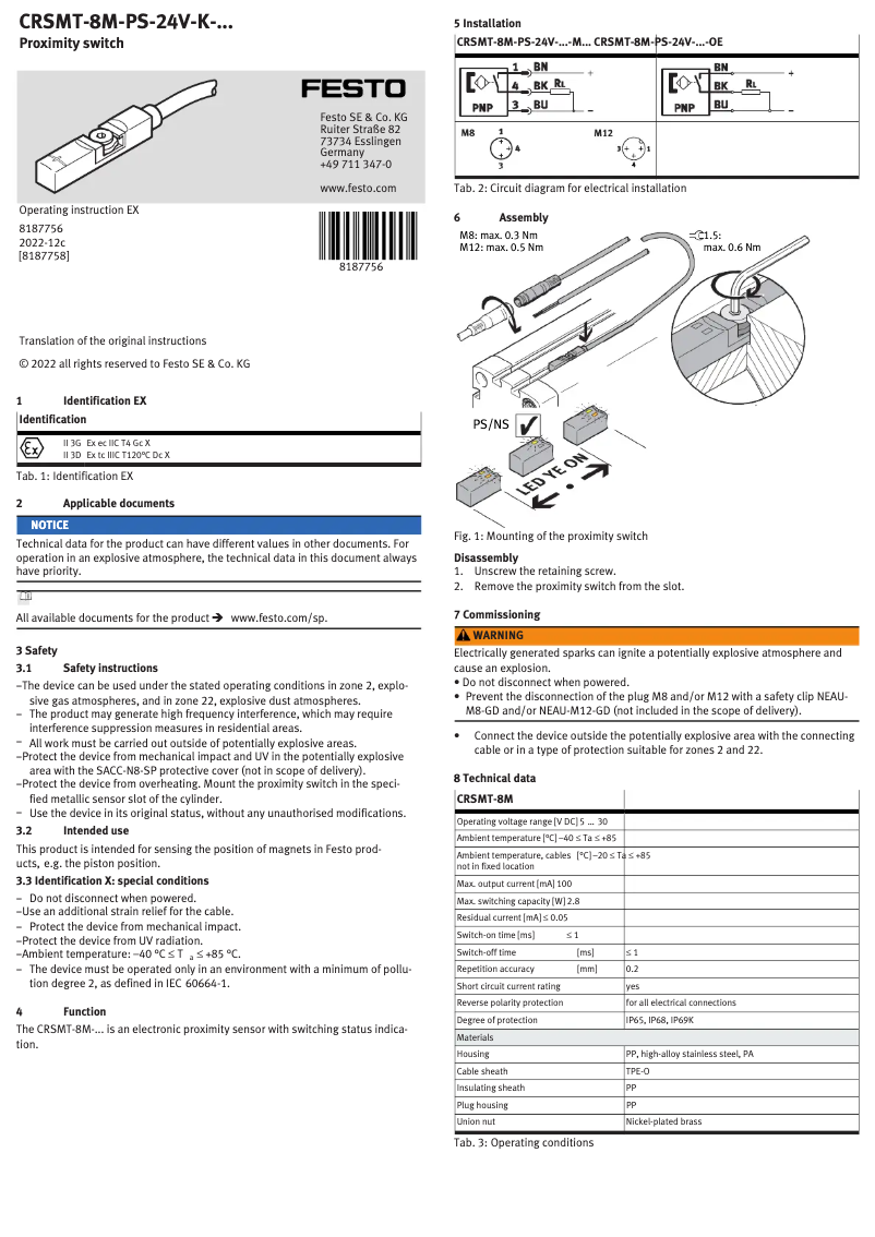 Image de la première page du manuel de l'appareil CRSMT-8M-PS-24V-K-0,3-M12-EX2