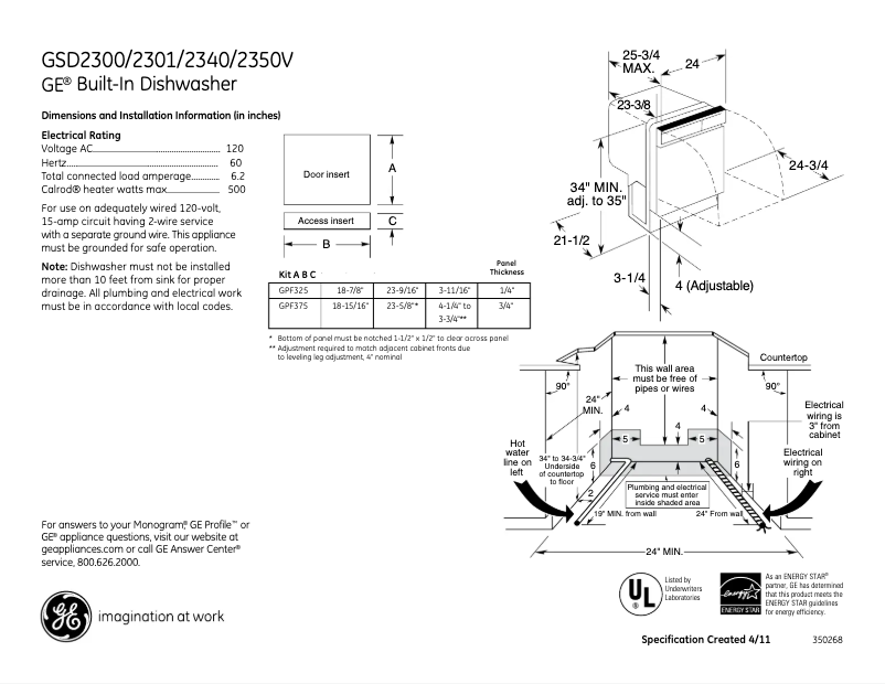 Page n°1 - Fiche technique GE GSD2350VCS