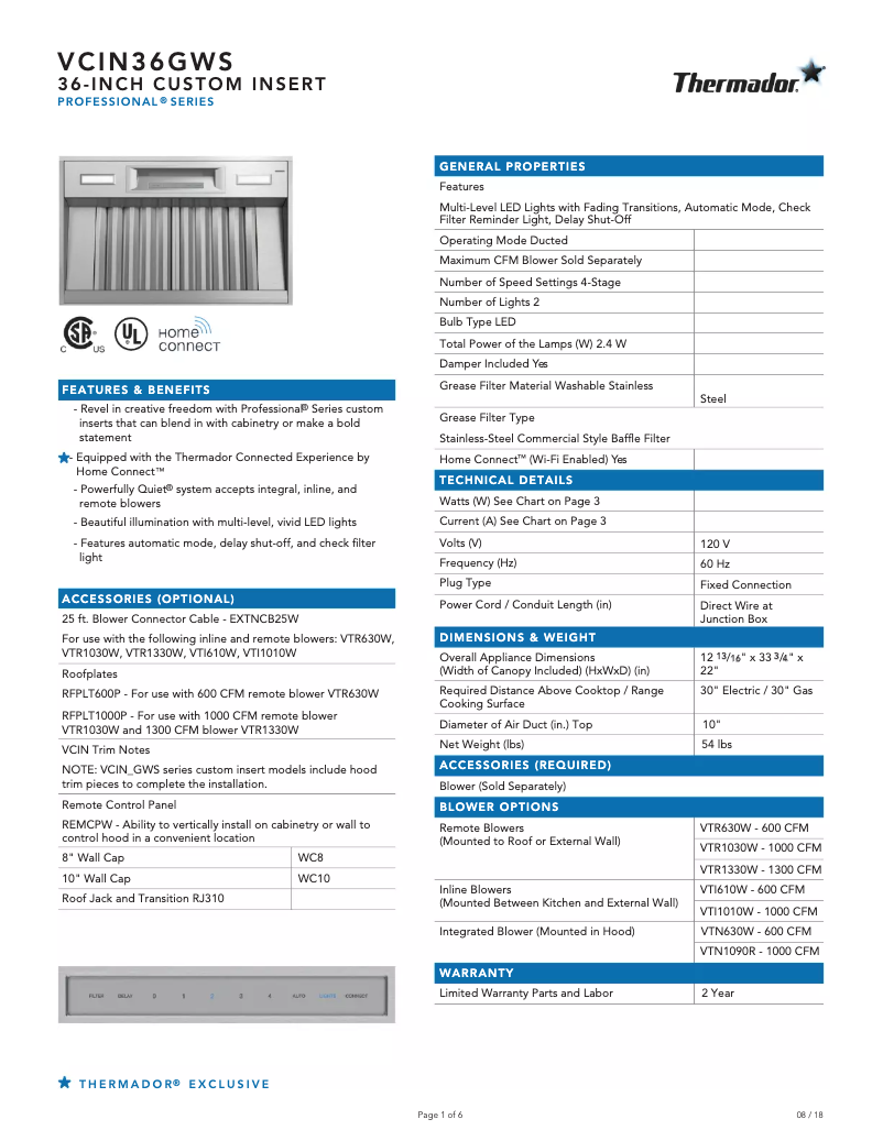 Page n°1 - Fiche technique Thermador VCIN36GWS