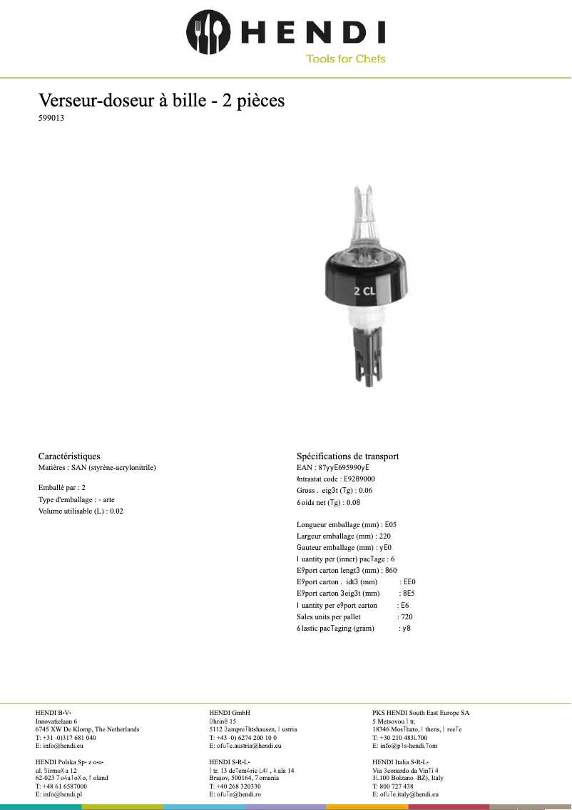 Page 1 de la notice Fiche technique Hendi 599211