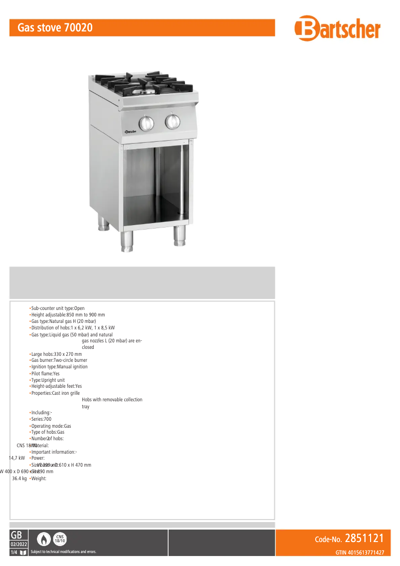 Page n°1 - Fiche technique Bartscher 2851121