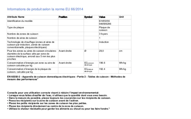 Page 1 de la notice Fiche technique Electrolux EIV65356
