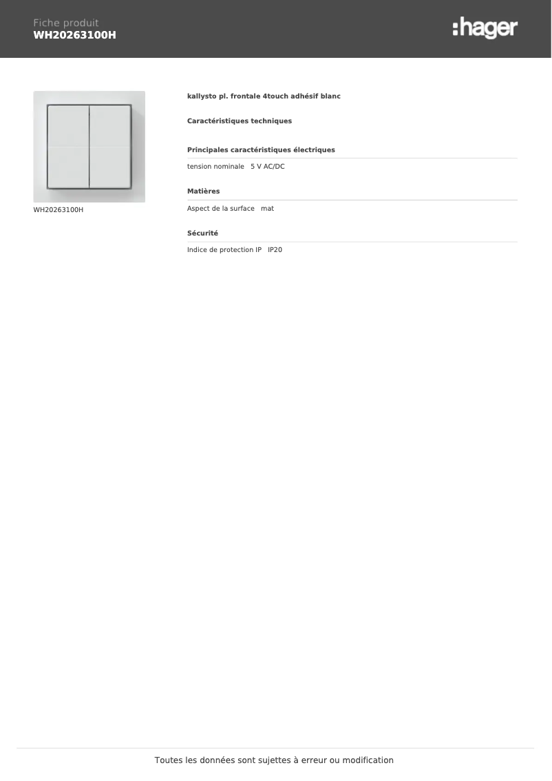 Page n°1 - Fiche technique Hager WH20263100H