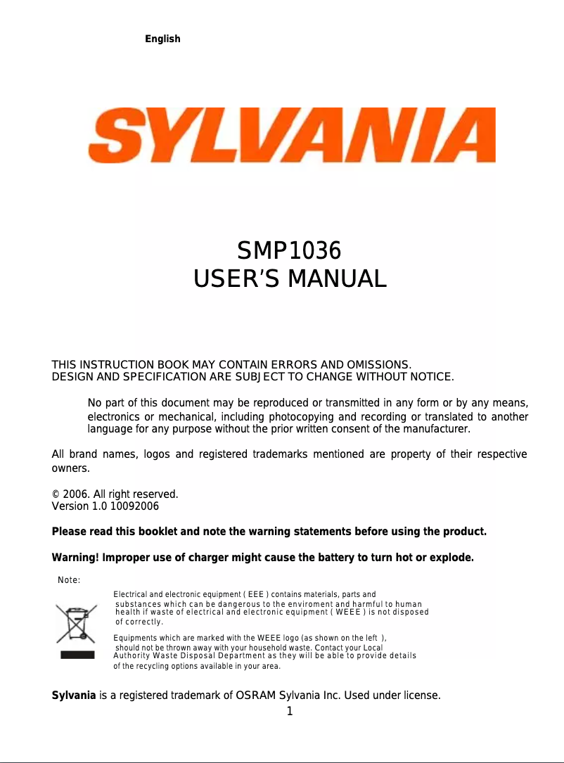 Page n°1 - Manuel utilisateur Sylvania SMP1036