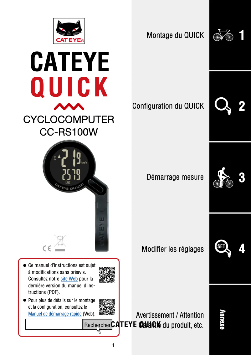 Page 1 de la notice Manuel utilisateur Cateye Quick CC-RS100W
