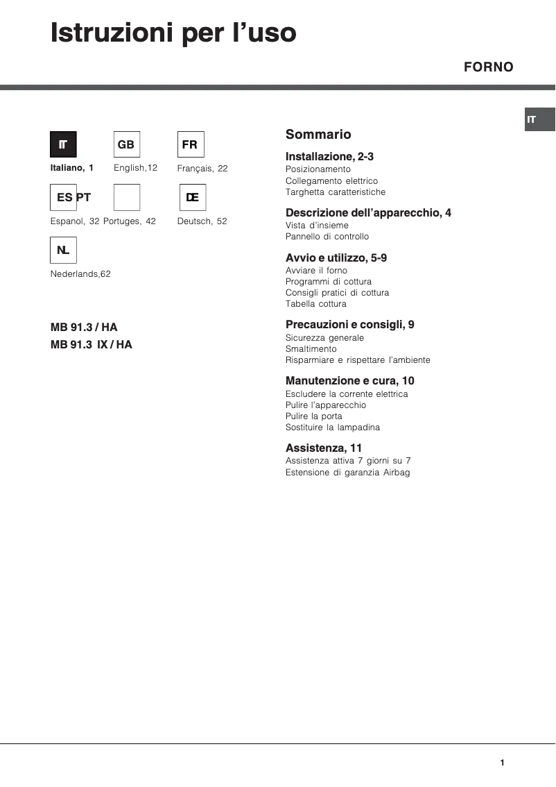 Page n°1 - Manuel utilisateur Hotpoint Ariston MB 91.3 IX /HA