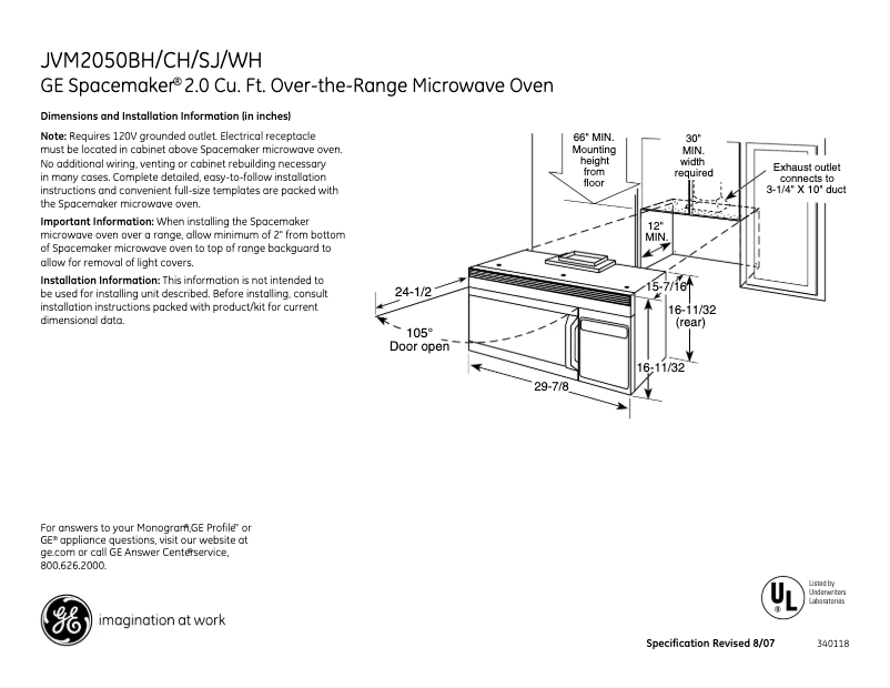 Page 1 de la notice Fiche technique GE JVM2050BH