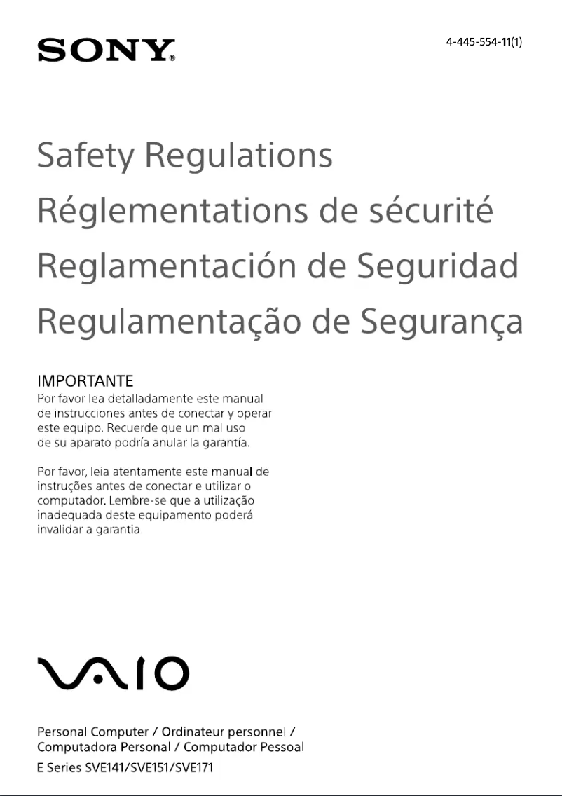 Page n°1 - Instructions de sécurité Sony Vaio SVE15126CXW