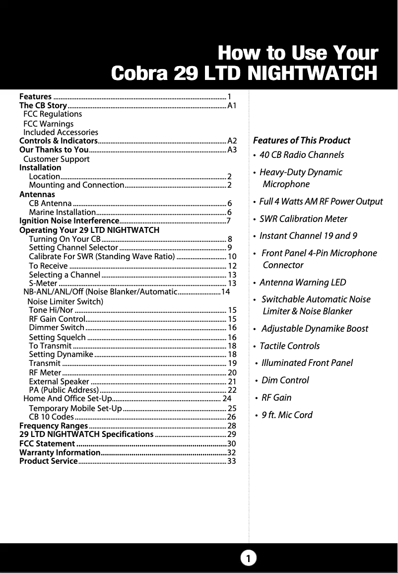 Page 1 de la notice Manuel utilisateur Cobra 29NW Classic
